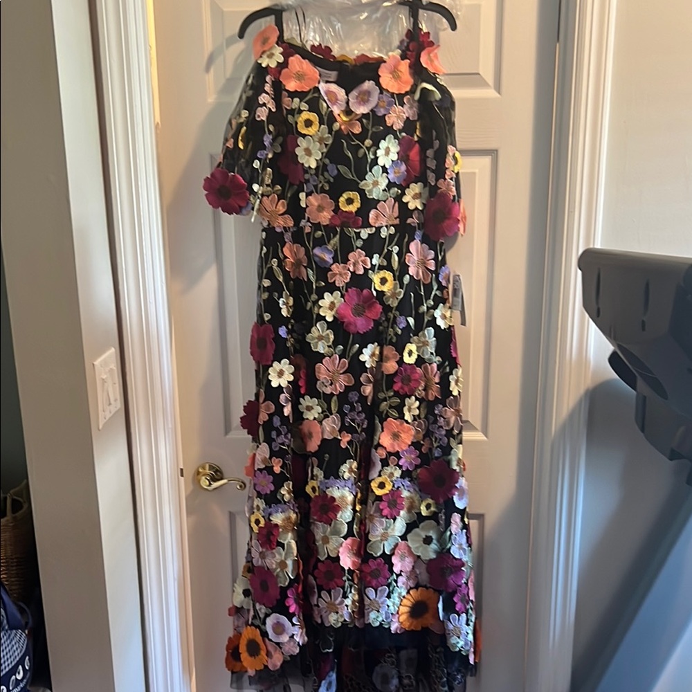 Teri Jon Black Dress with Multicolor Floral Design